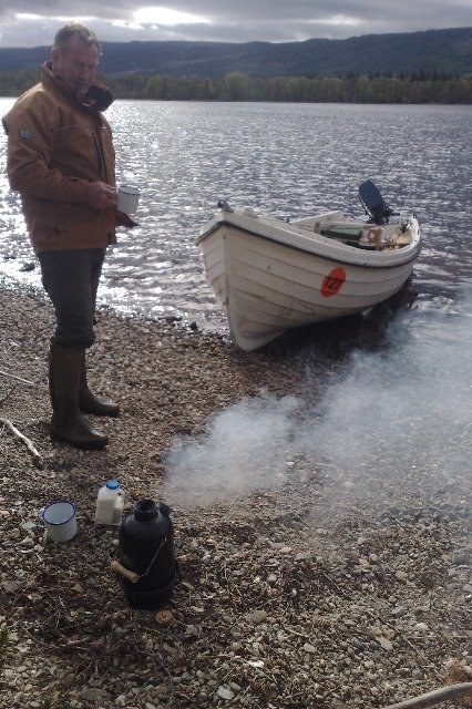 Aros with his STORM Kettle steaming on the shore of Loch Ness